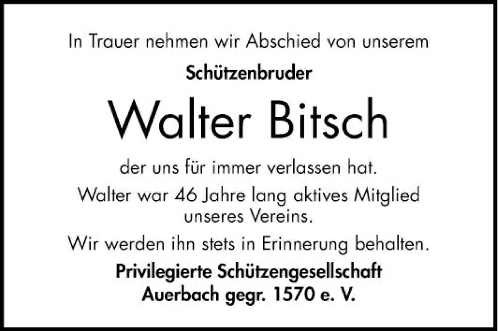  Traueranzeige für Walter Bitsch vom 24.09.2022 aus Bergsträßer Anzeiger