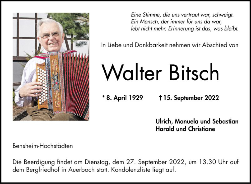  Traueranzeige für Walter Bitsch vom 21.09.2022 aus Bergsträßer Anzeiger