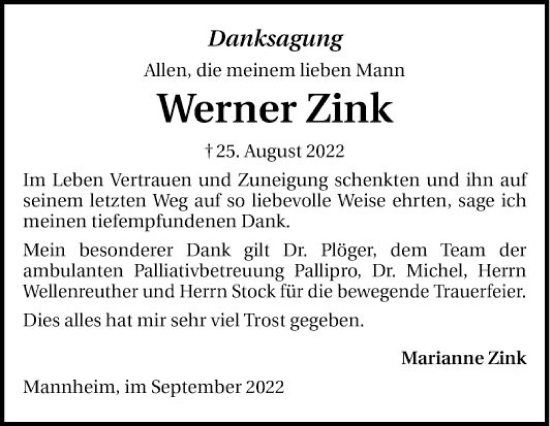 Traueranzeige von Werner Zink von Mannheimer Morgen