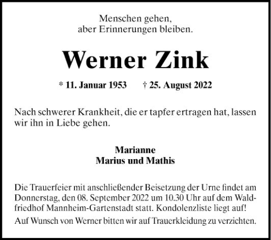 Traueranzeige von Werner Zink von Mannheimer Morgen