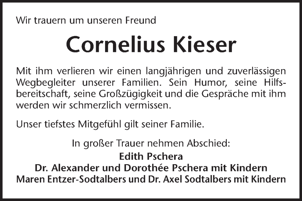  Traueranzeige für Cornelius Kieser vom 04.01.2023 aus Schwetzinger Zeitung