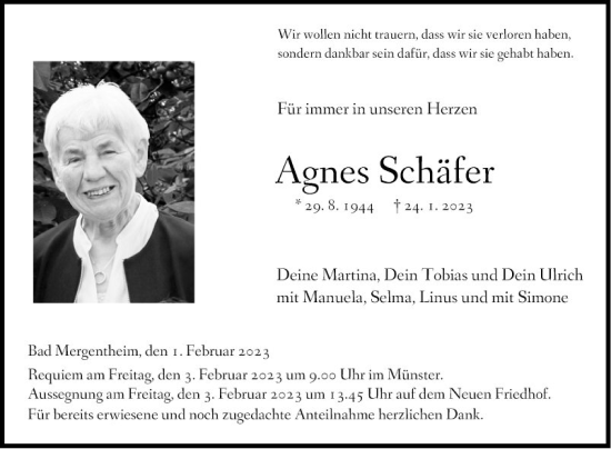 Traueranzeige von Agnes Schäfer von Fränkische Nachrichten