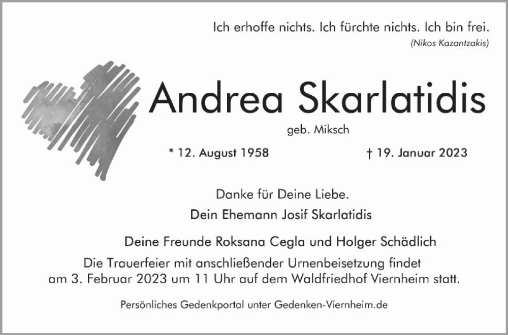  Traueranzeige für Andrea Skarlatidis vom 28.01.2023 aus Mannheimer Morgen