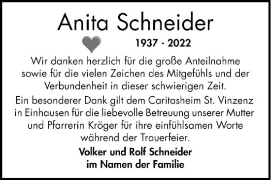 Traueranzeige von Anita Schneider von Bergsträßer Anzeiger