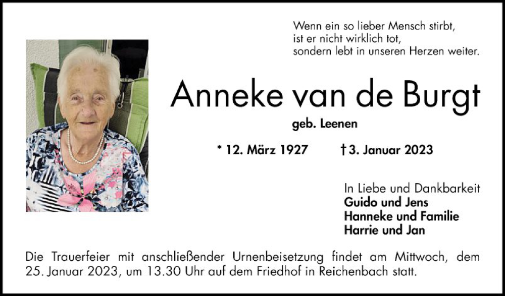  Traueranzeige für Anneke van de Burgt vom 21.01.2023 aus Bergsträßer Anzeiger