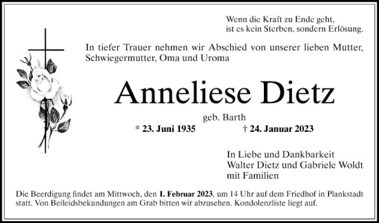 Traueranzeige von Anneliese Dietz von Schwetzinger Zeitung