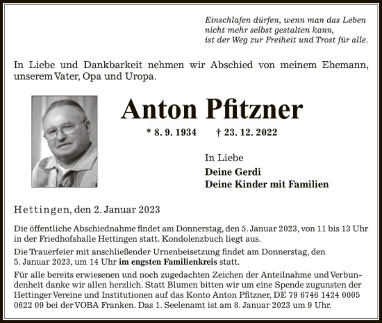 Traueranzeige von Anton Pfitzner von Fränkische Nachrichten