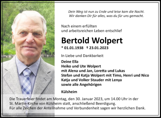 Traueranzeige von Bertold Wolpert von Fränkische Nachrichten