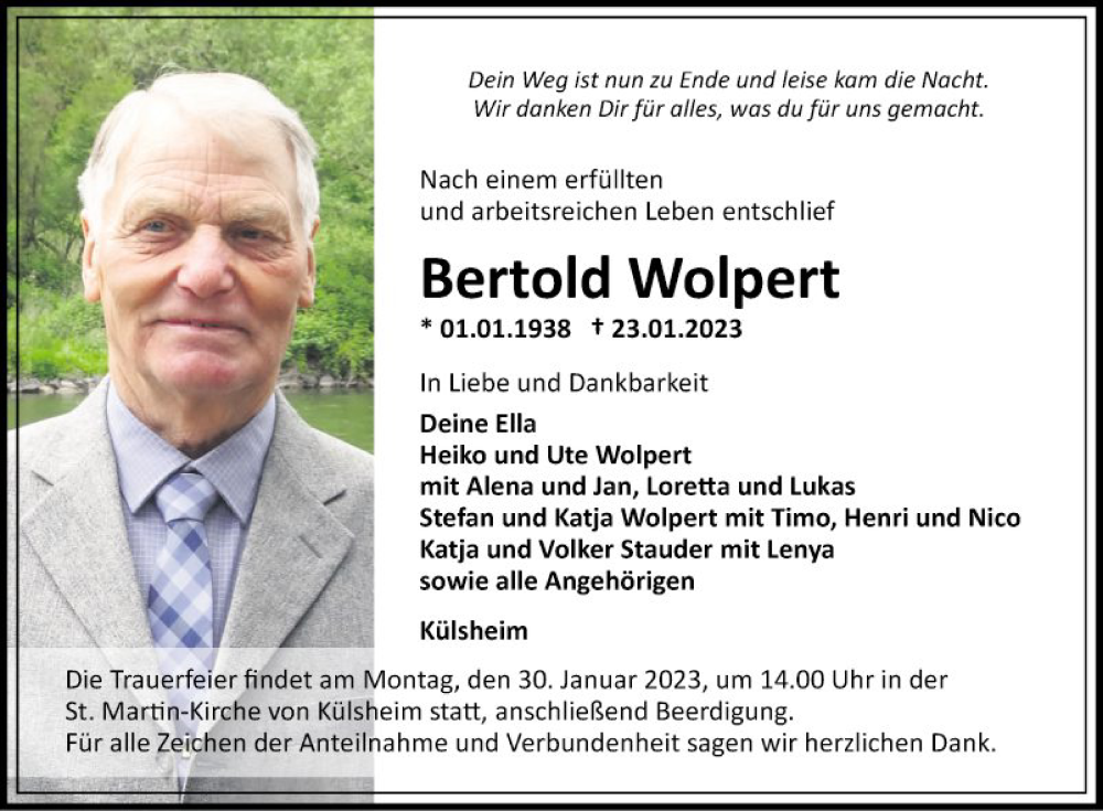  Traueranzeige für Bertold Wolpert vom 27.01.2023 aus Fränkische Nachrichten