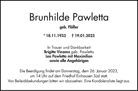 Traueranzeige von Brunhilde Pawletta von Bergsträßer Anzeiger