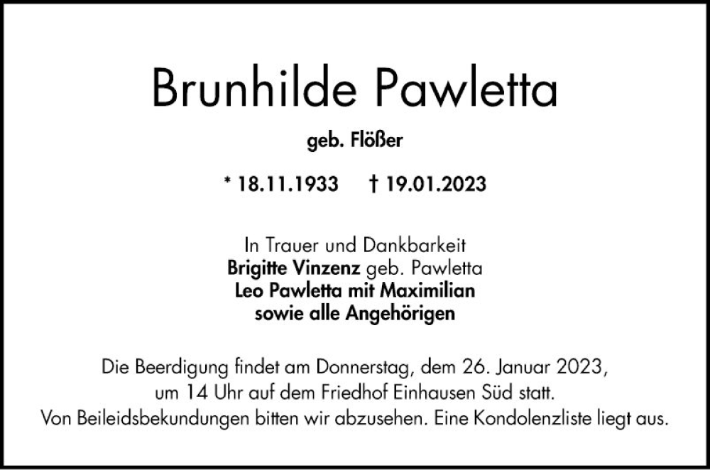  Traueranzeige für Brunhilde Pawletta vom 21.01.2023 aus Bergsträßer Anzeiger