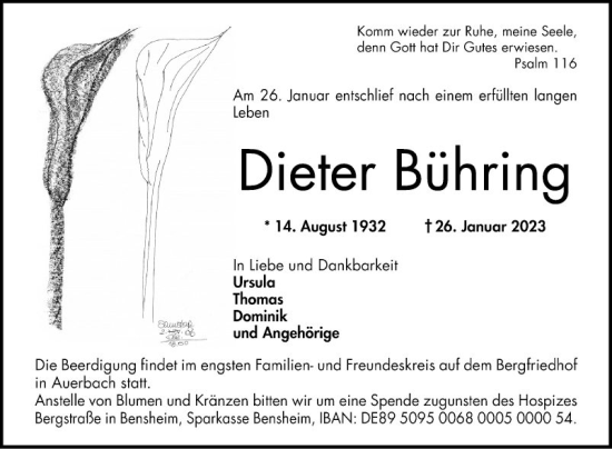 Traueranzeige von Dieter Bühring von Bergsträßer Anzeiger