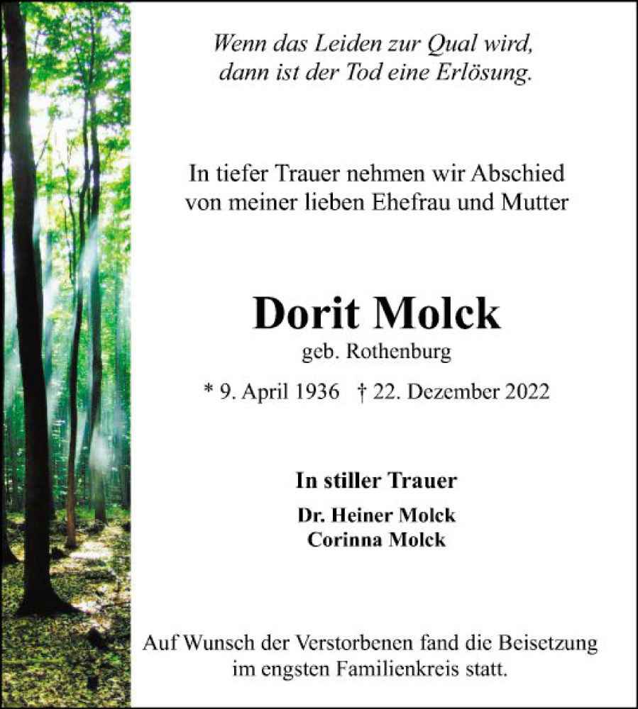  Traueranzeige für Dorit Molck vom 28.01.2023 aus Mannheimer Morgen