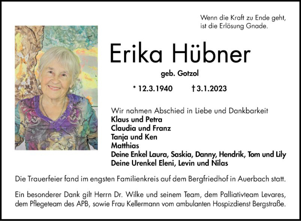  Traueranzeige für Erika Hübner vom 28.01.2023 aus Bergsträßer Anzeiger