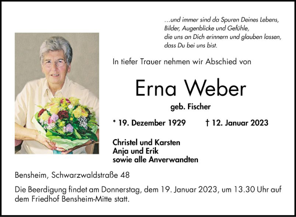  Traueranzeige für Erna Weber vom 18.01.2023 aus Bergsträßer Anzeiger