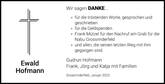 Traueranzeige von Ewald Hofmann von Fränkische Nachrichten