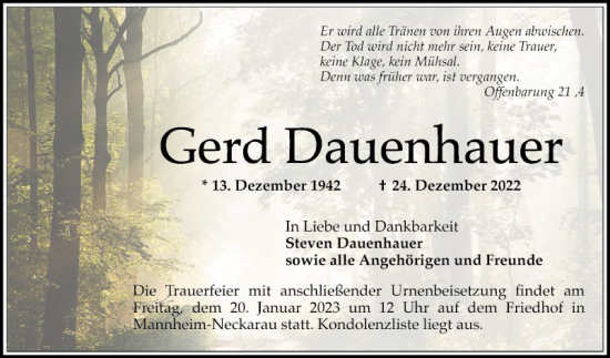 Traueranzeige von Gerd Dauenhauer von Mannheimer Morgen