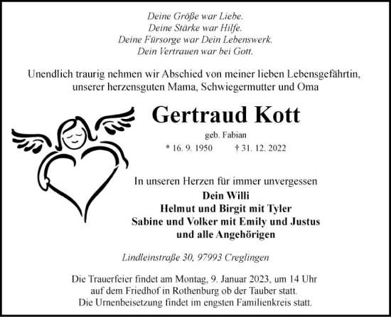 Traueranzeige von Gertraud Kott von Fränkische Nachrichten