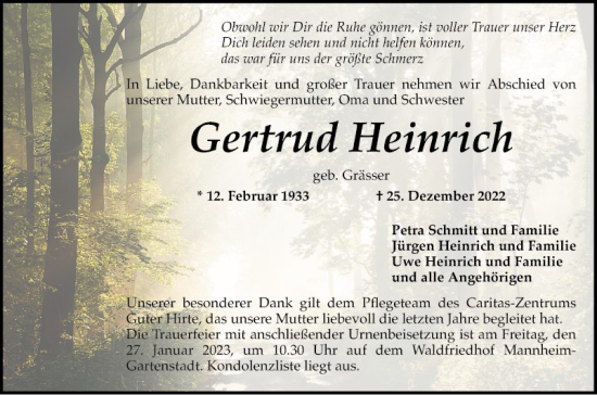 Traueranzeige von Gertrud Heinrich von Mannheimer Morgen