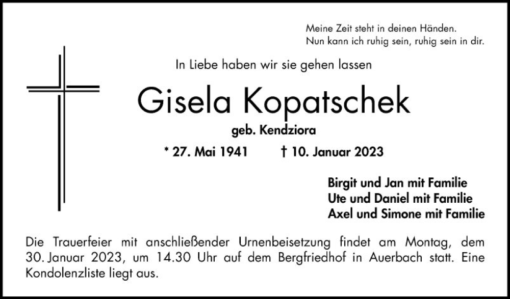  Traueranzeige für Gisela Kopatschek vom 21.01.2023 aus Bergsträßer Anzeiger