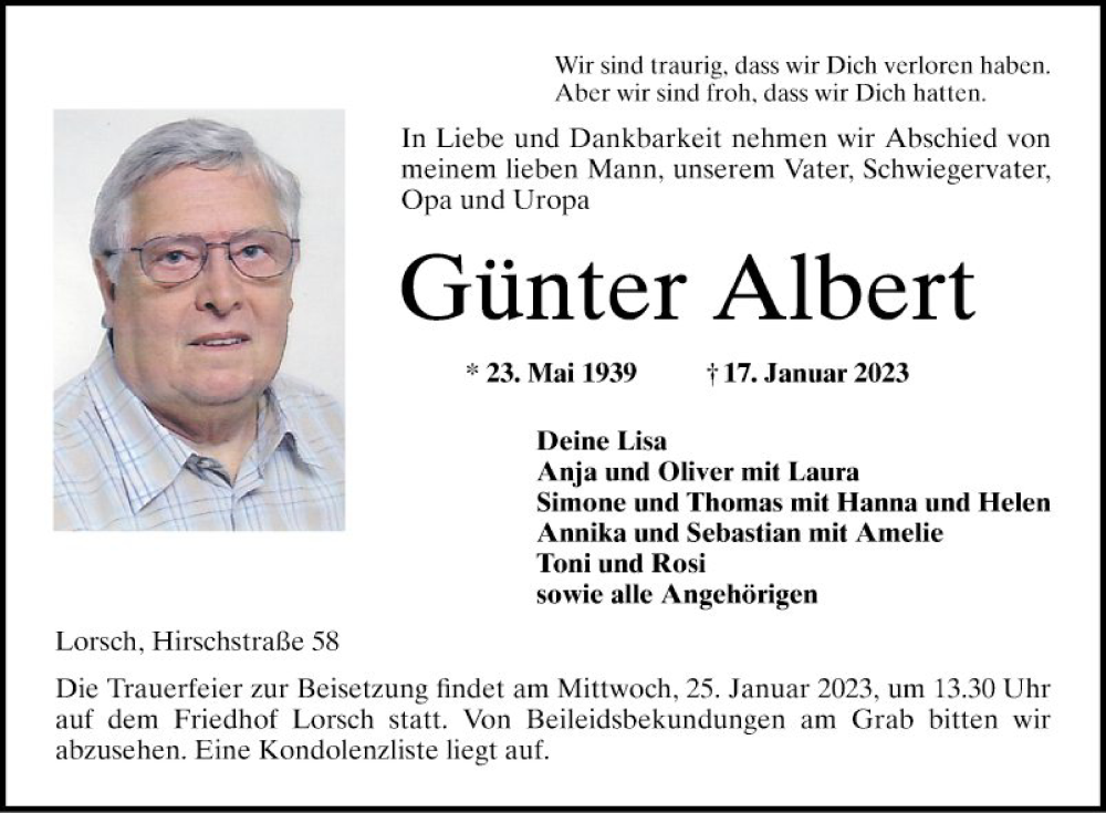  Traueranzeige für Günter Albert vom 21.01.2023 aus Bergsträßer Anzeiger