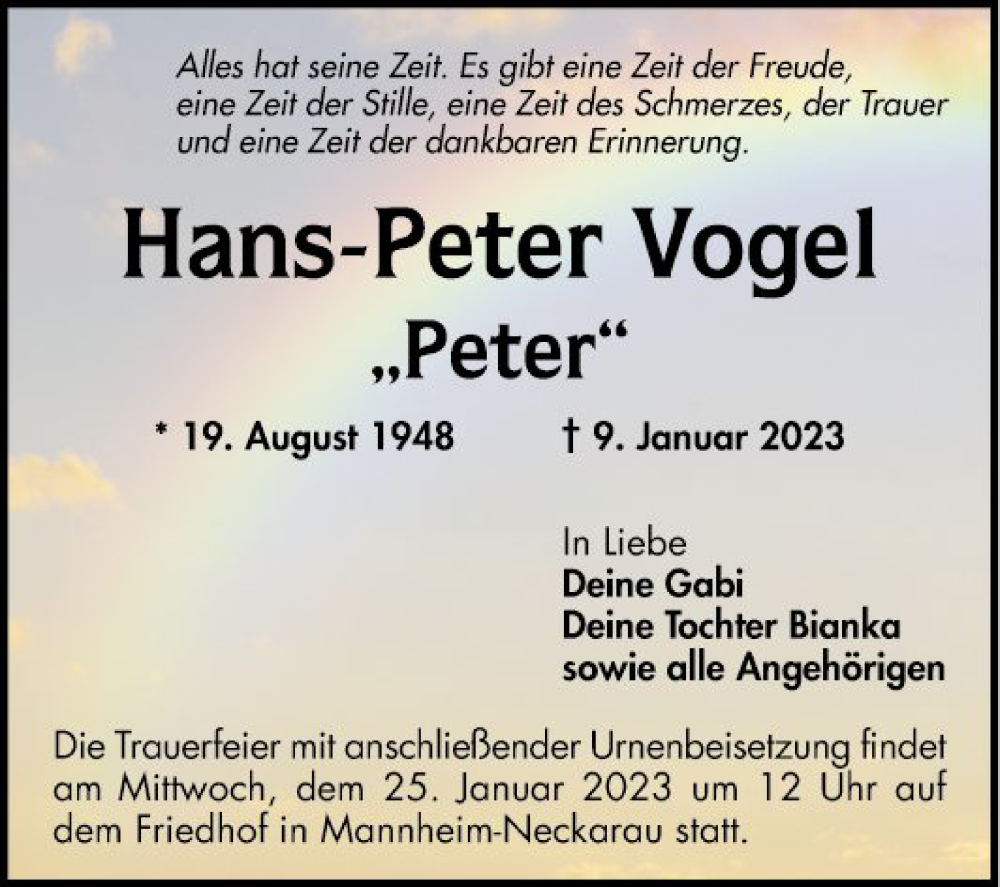  Traueranzeige für Hans-Peter Vogel vom 21.01.2023 aus Mannheimer Morgen