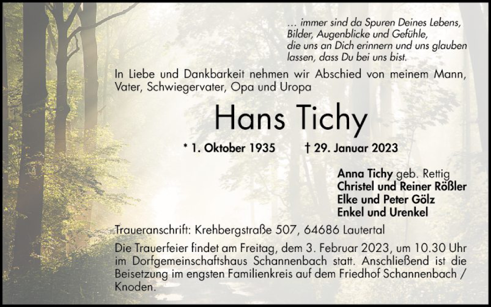  Traueranzeige für Hans Tichy vom 01.02.2023 aus Bergsträßer Anzeiger