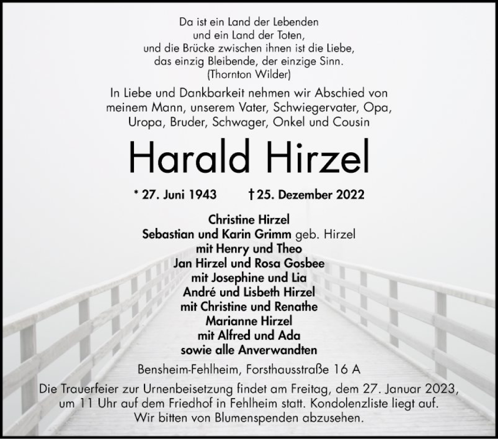  Traueranzeige für Harald Hirzel vom 21.01.2023 aus Bergsträßer Anzeiger