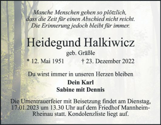 Traueranzeige von Heidegund Halkiwicz von Mannheimer Morgen