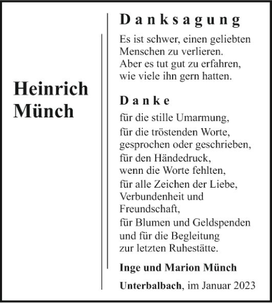 Traueranzeige von Heinrich Münch von Fränkische Nachrichten