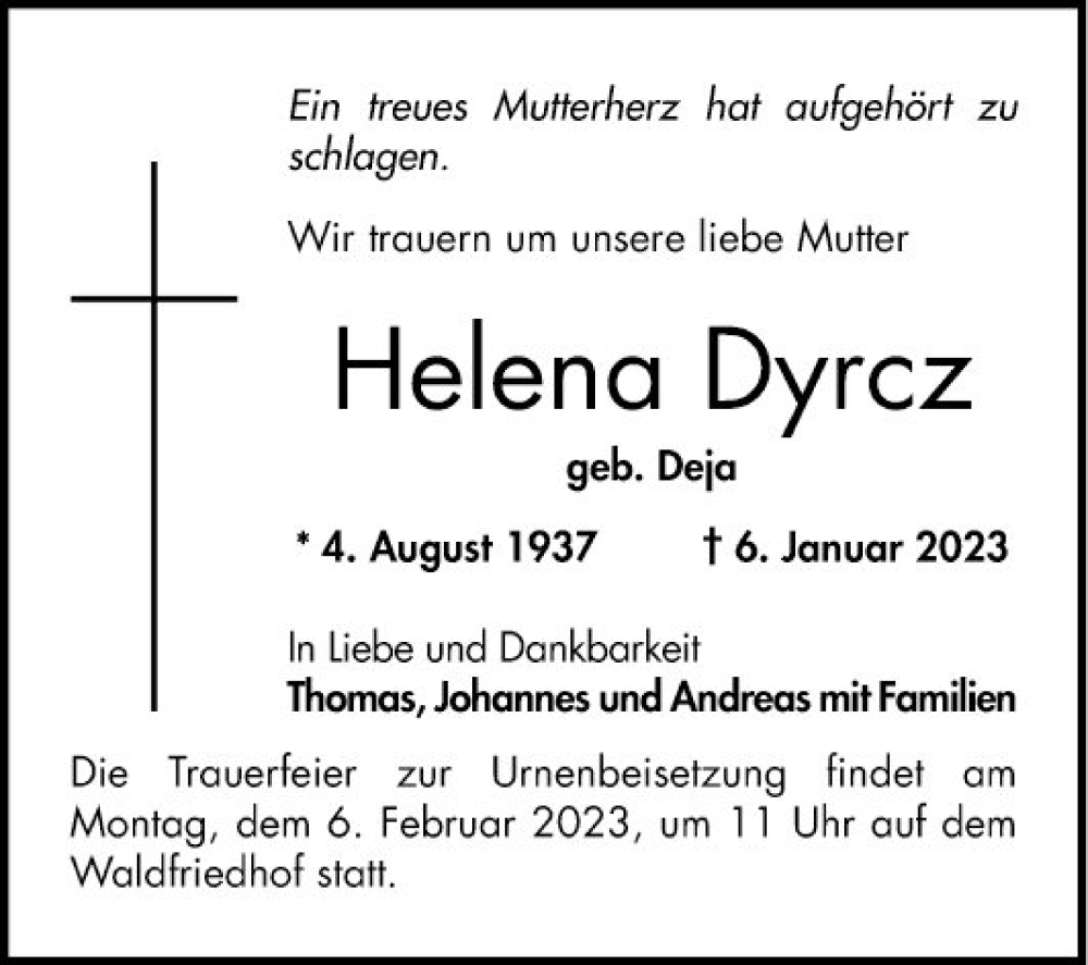  Traueranzeige für Helena Dyrcz vom 01.02.2023 aus Bergsträßer Anzeiger