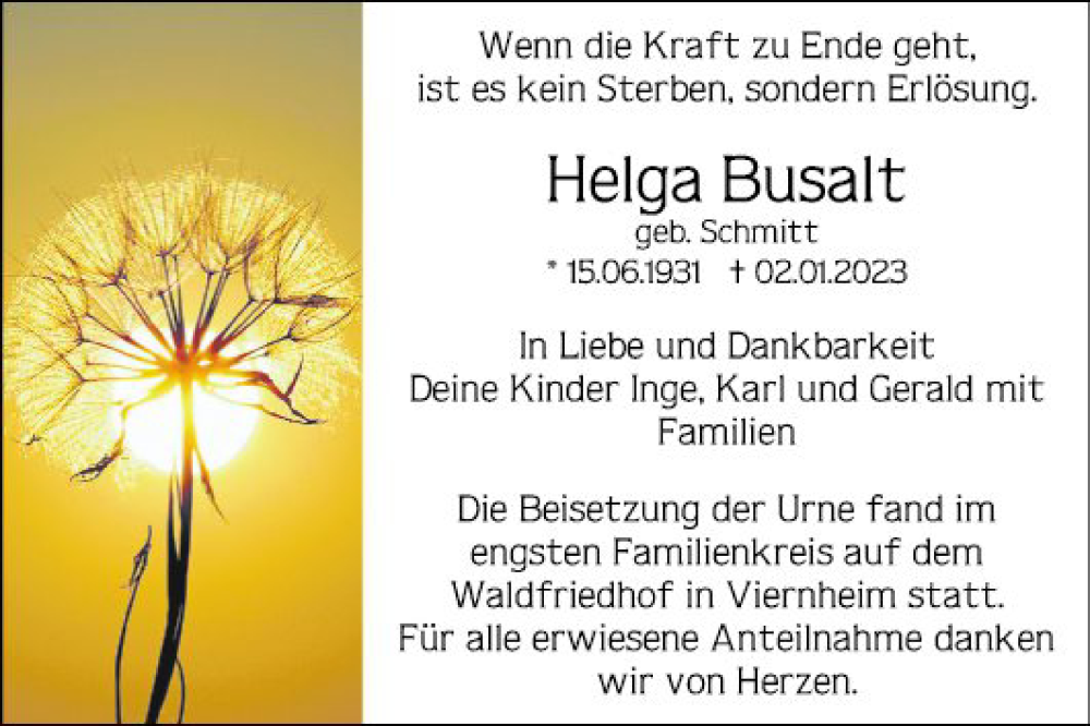  Traueranzeige für Helga Busalt vom 21.01.2023 aus Mannheimer Morgen