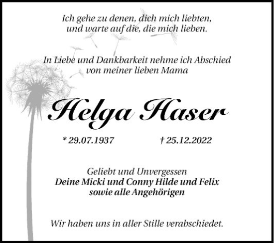 Traueranzeige von Helga Haser von Mannheimer Morgen