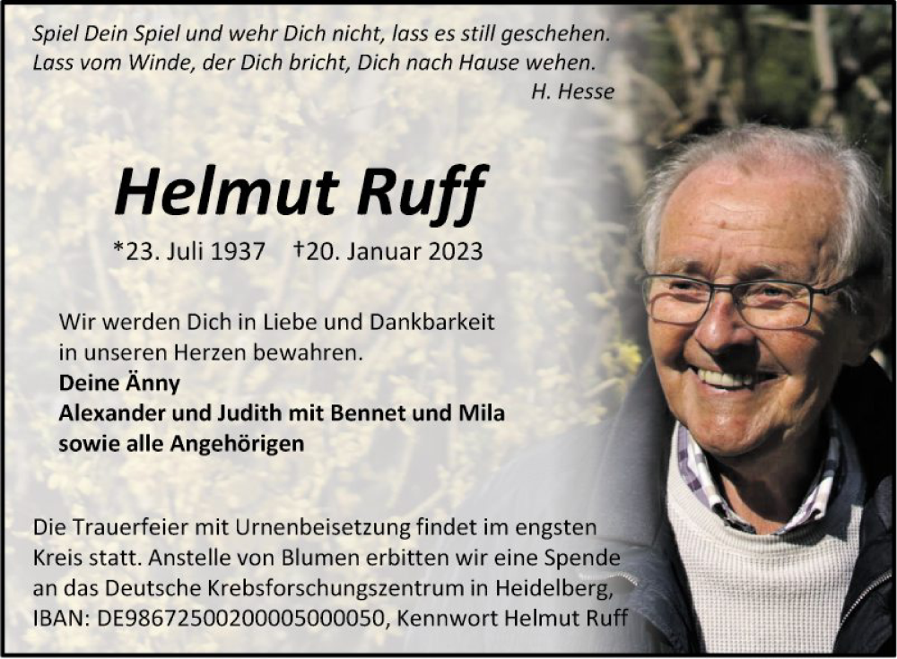  Traueranzeige für Helmut Ruff vom 28.01.2023 aus Bergsträßer Anzeiger