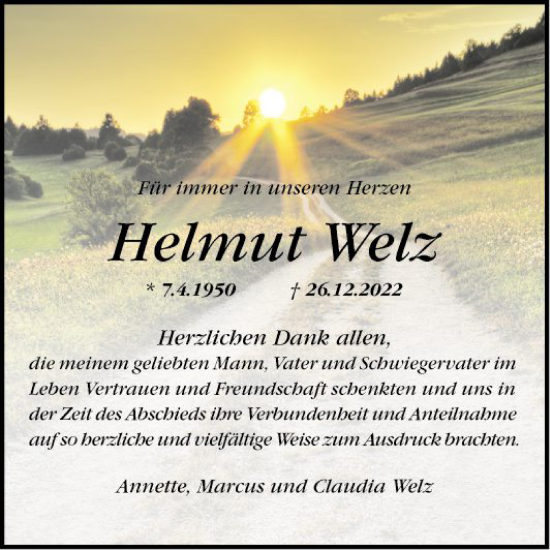 Traueranzeige von Helmut Welz von Schwetzinger Zeitung