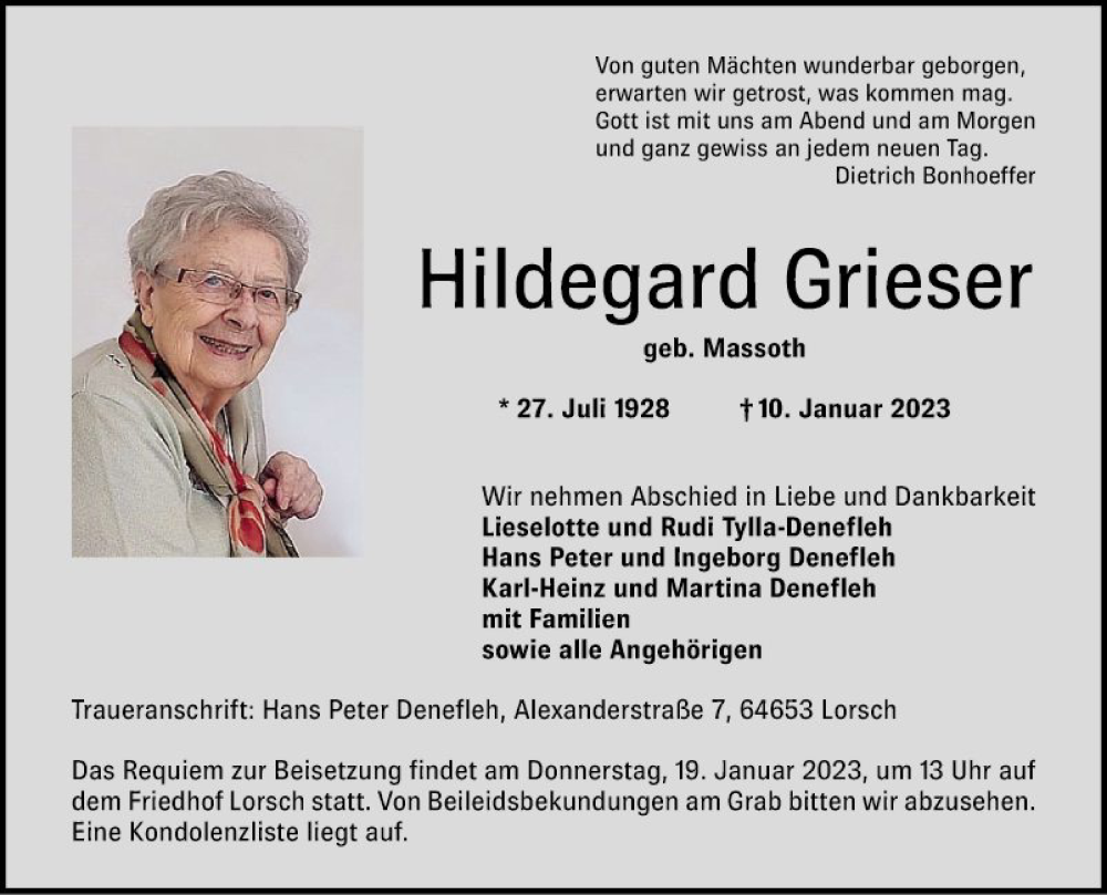  Traueranzeige für Hildegard Grieser vom 17.01.2023 aus Bergsträßer Anzeiger