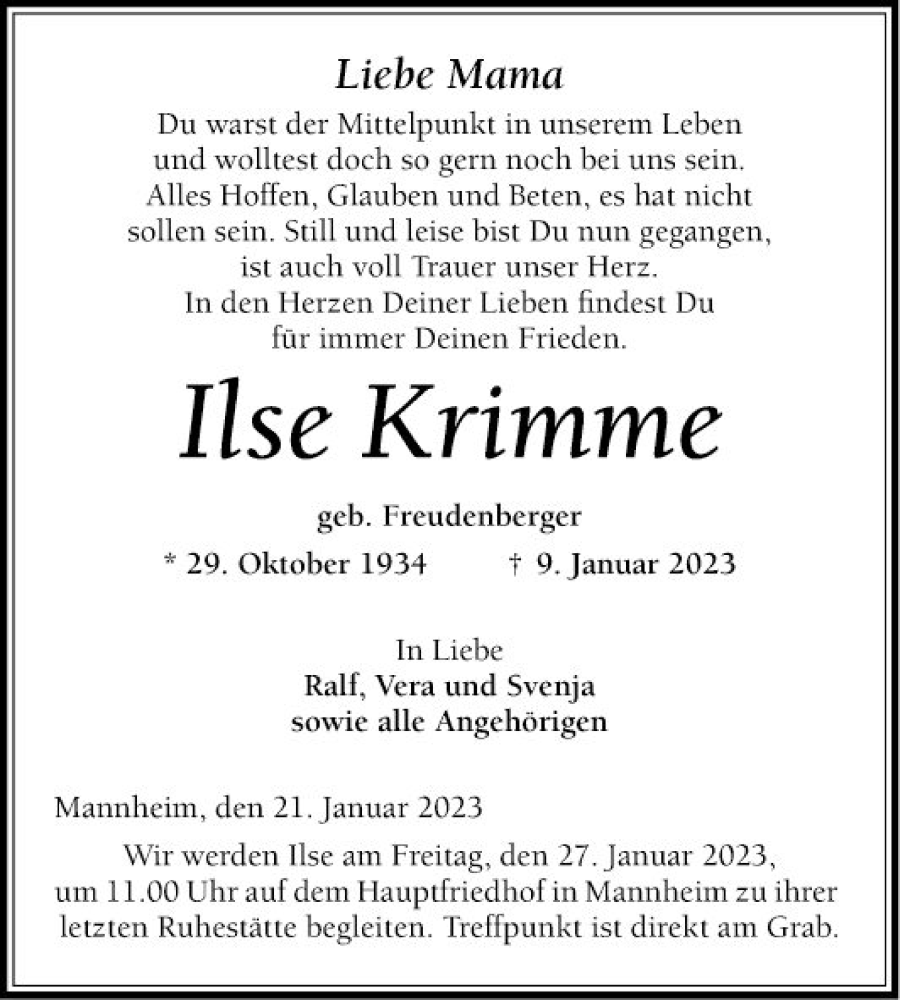  Traueranzeige für Ilse Krimme vom 21.01.2023 aus Mannheimer Morgen