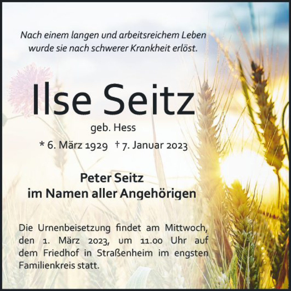  Traueranzeige für Ilse Seitz vom 21.01.2023 aus Mannheimer Morgen