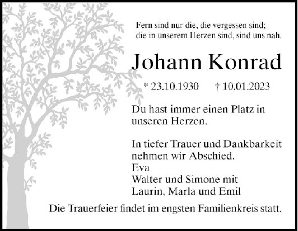 Traueranzeige für Johann Konrad vom 14.01.2023 aus Bergsträßer Anzeiger