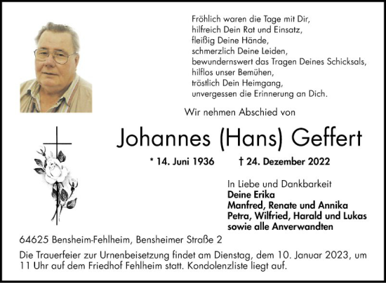 Traueranzeige von Johannes  Geffert von Bergsträßer Anzeiger