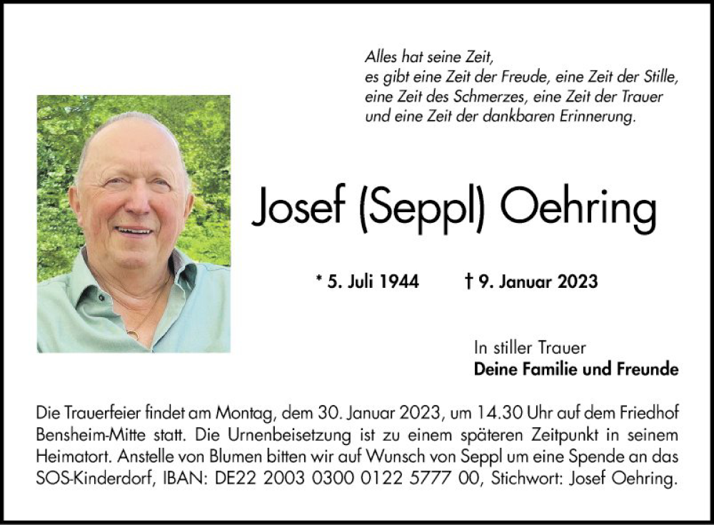  Traueranzeige für Josef Gehring vom 25.01.2023 aus Bergsträßer Anzeiger