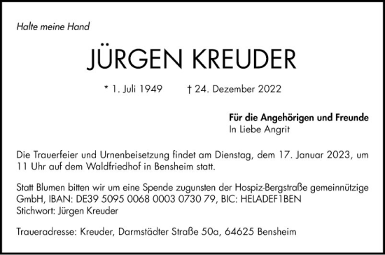 Traueranzeige von Jürgen Kreuder von Bergsträßer Anzeiger