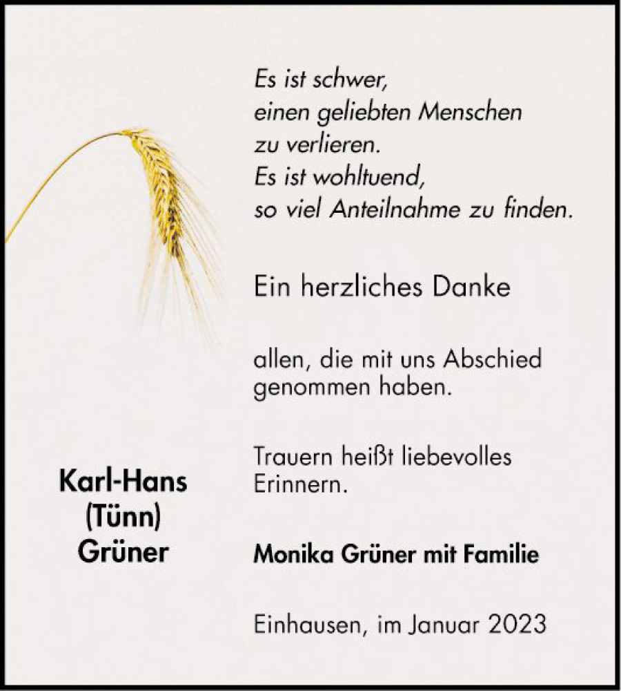  Traueranzeige für Karl-Hans Grüner vom 21.01.2023 aus Bergsträßer Anzeiger