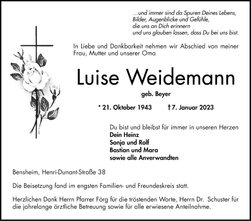  Traueranzeige für Luise Weidemann vom 28.01.2023 aus Bergsträßer Anzeiger
