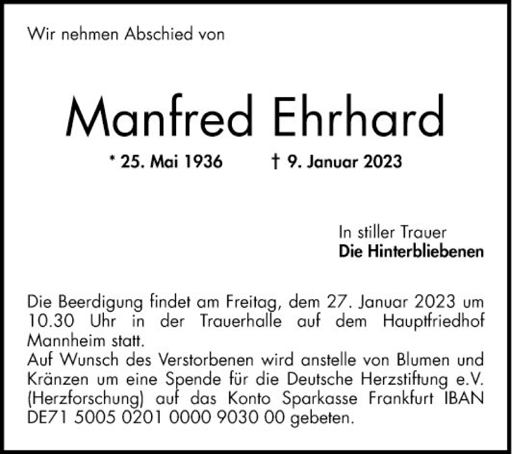  Traueranzeige für Manfred Ehrhard vom 21.01.2023 aus Mannheimer Morgen