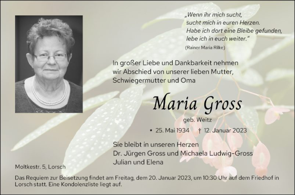  Traueranzeige für Maria Gross vom 18.01.2023 aus Bergsträßer Anzeiger