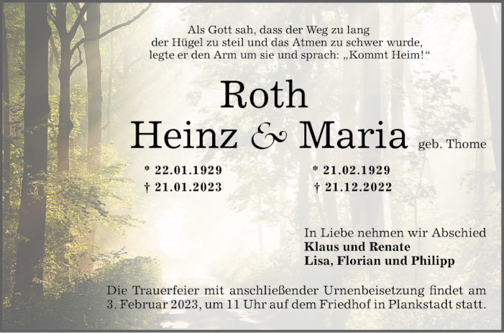  Traueranzeige für Maria Roth vom 28.01.2023 aus Schwetzinger Zeitung