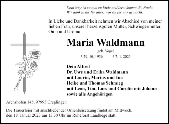 Traueranzeige von Maria Waldmann von Fränkische Nachrichten