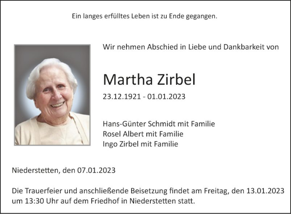 Traueranzeige für Martha Zirbel vom 07.01.2023 aus Fränkische Nachrichten