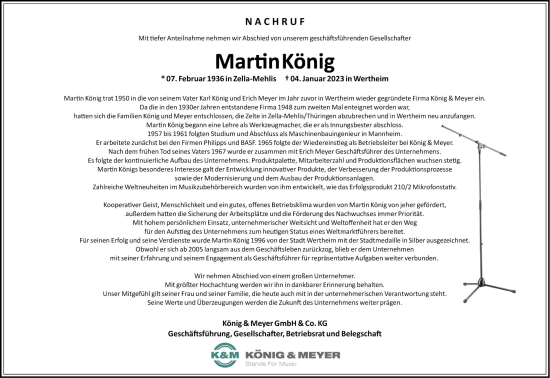 Traueranzeige von Martin König von Fränkische Nachrichten